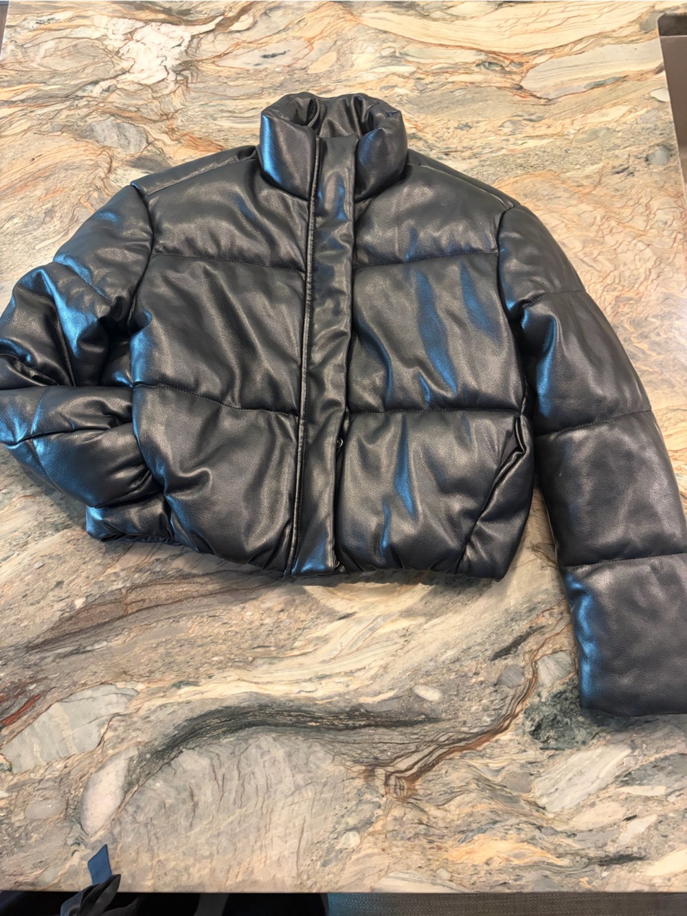 GAP Girl’s Black Faux Leather Cropped Puffer Jacket